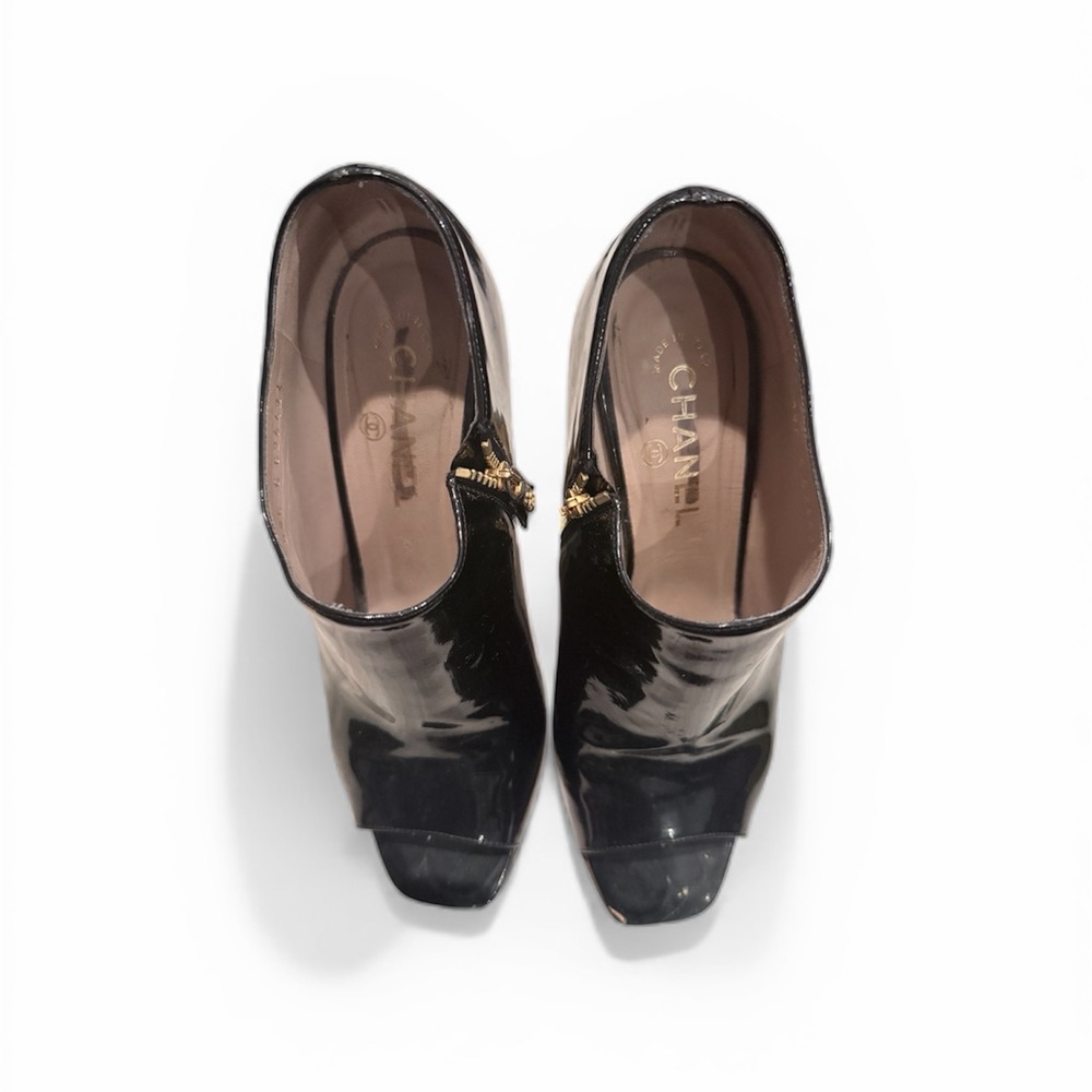 CHANEL Black Patent Leather Peep-Toe Ankle Boots Size 38 - Picture 2 of 9